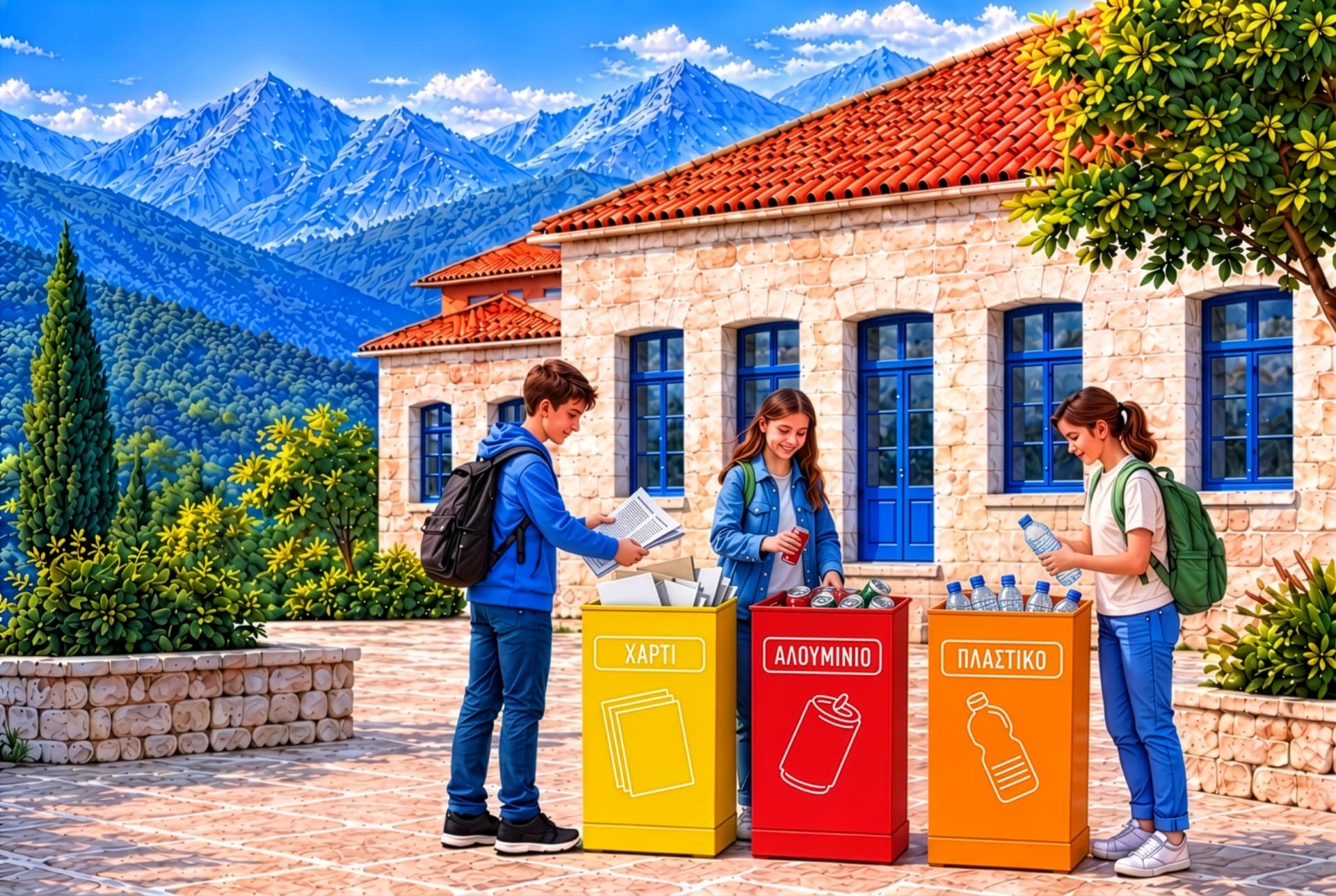 Τρία παιδιά ρίχνουν χαρτί, πλαστικό και αλουμίνιο σε κίτρινο, πορτοκαλί και κόκκινο κάδο στην αυλή πέτρινου σχολείου με τα βουνά της Ηπείρου στο βάθος